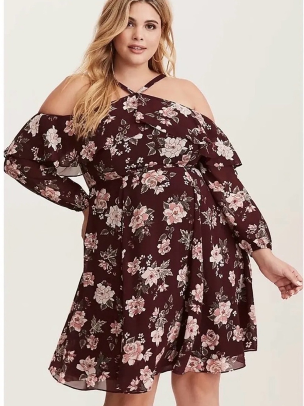 🌺Torrid burgundy floral print chiffon ruffled skater dress - Picture 2 of 9